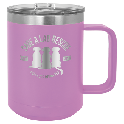 Light Purple 15 oz laser engraved coffee cup featuring the Save A Lab Rescue logo.