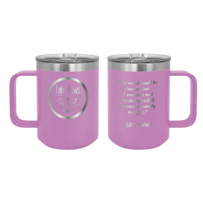 Light purple 15 oz coffee cup laser engraved  tumbler featuring the Take Paws Rescue logo