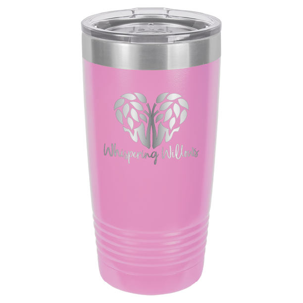 Light Purple laser engraved 20 oz tumbler featuring the Whispering Willows logo.