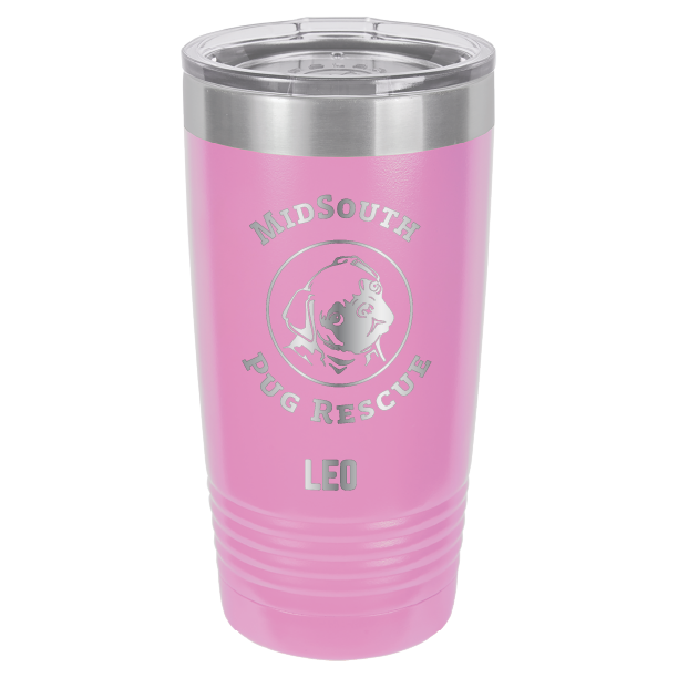 Light Purple laser engraved 20 oz tumbler featuring the MidSouth Pug Rescue logo and the name Leo.