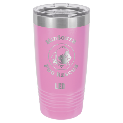 Light Purple laser engraved 20 oz tumbler featuring the MidSouth Pug Rescue logo and the name Leo.
