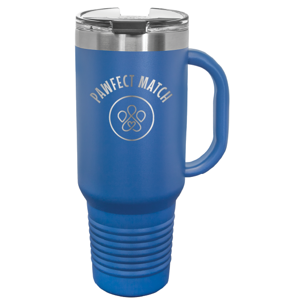 Royal blue 40 oz laser engraved tumbler featuring the Pawfect Match logo