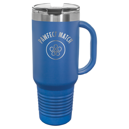 Royal blue 40 oz laser engraved tumbler featuring the Pawfect Match logo