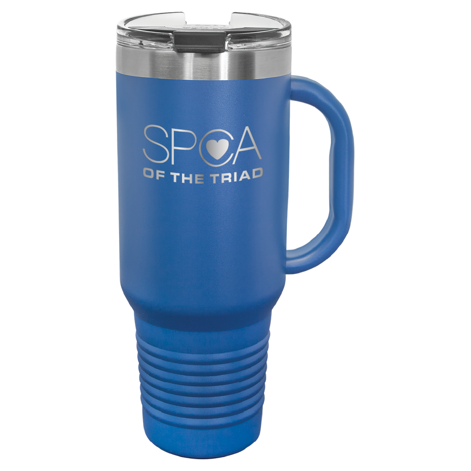 Royal blue 40 oz  laser engraved tumbler with the SPCA of the Triad logo.