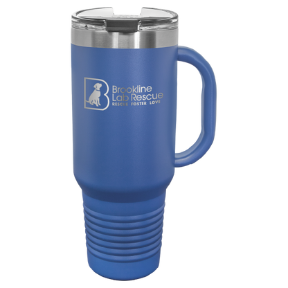 Royal blue laser engraved 40 oz tumbler with handle featuring the Brookline Lab Rescue logo