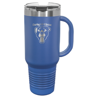 Royal Blue 40 oz tumbler with handle laser engraved  tumbler featuring the Charley's K9 Rescue logo