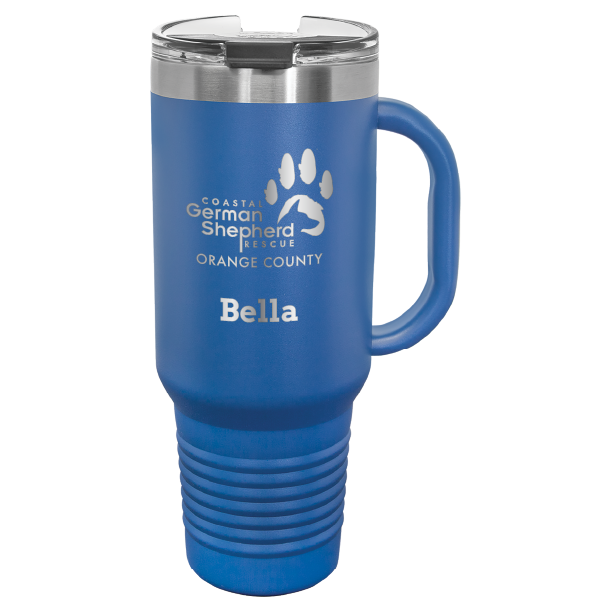 40 tumbler, laser engraved with the Coastal German Shepherd Rescue of OC logo, in royal blue