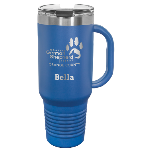 40 tumbler, laser engraved with the Coastal German Shepherd Rescue of OC logo, in royal blue