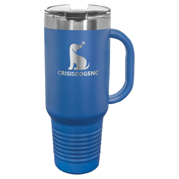 Royal blue laser engraved 40 oz travel mug featuring the Crisis Dogs NC logo.