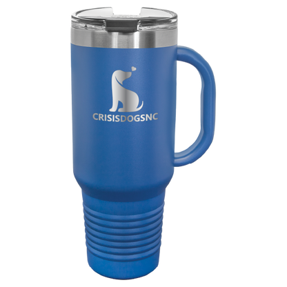 Royal blue laser engraved 40 oz travel mug featuring the Crisis Dogs NC logo.