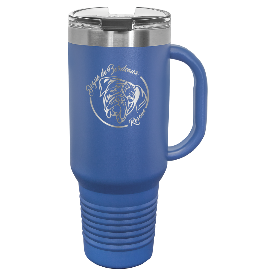 Royal blue 40 oz laser engraved water bottle featuring the Dogue de Bordeaux Rescue, Inc. logo