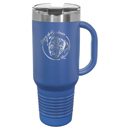 Royal blue 40 oz laser engraved water bottle featuring the Dogue de Bordeaux Rescue, Inc. logo