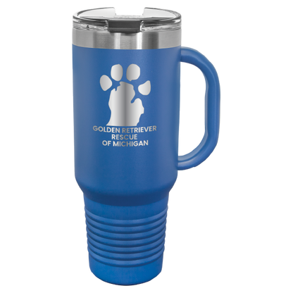 Royal Blue 40 Oz laser engraved tumbler featuring the  Golden Retriever Rescue of Michigan (GRRoM) logo