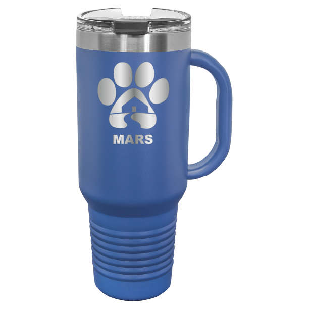 Royal blue 40 ounce laser engraved travel mug with handle, featuring the with the Midwest Animal Rescue & Services (MARS) logo