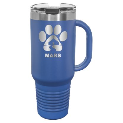 Royal blue 40 ounce laser engraved travel mug with handle, featuring the with the Midwest Animal Rescue & Services (MARS) logo