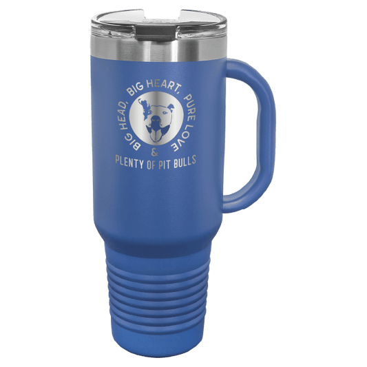 Royal blue 40 oz tumbler with handle laser engraved  featuring the Plenty of Pit Bulls logo