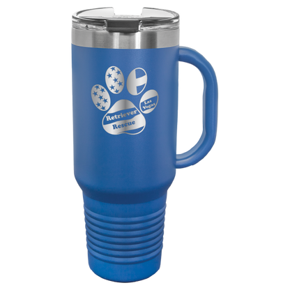 Royal Blue laser engraved tumbler with handle, featuring the logo of Retriever Rescue of Las Vegas