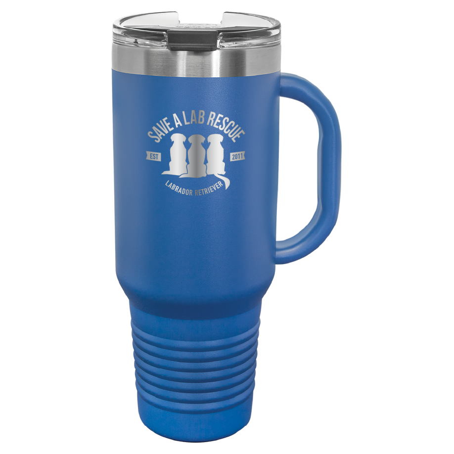 40 Oz Save A Lab Rescue Laser engraved printed tumbler.  Perfect gift for rescue moms and dads and pet parents. In royal blue.