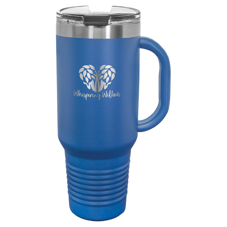 Royal blue Whispering Willows 40 oz laser engraved tumbler.