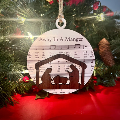 The Biblical Christmas Story Ornament: Sheet Music with Manger Scene: "Away in a Manger."