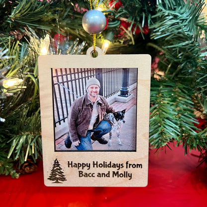 Polaroid Style Personalized Acrylic Photo Ornaments with Engraved Wood Frame