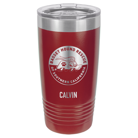 20 oz laser engraved Basset Hound Rescue of So Cal tumbler in maroon.