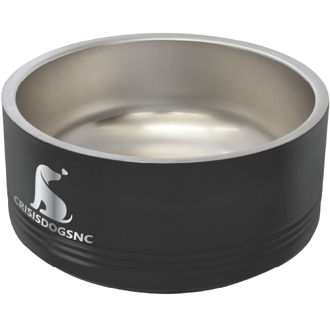 Medium black stainless steel powder coated, laser engraved dog bowl featuring the CrisisDogsNC logo.