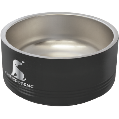 Medium black stainless steel powder coated, laser engraved dog bowl featuring the CrisisDogsNC logo.