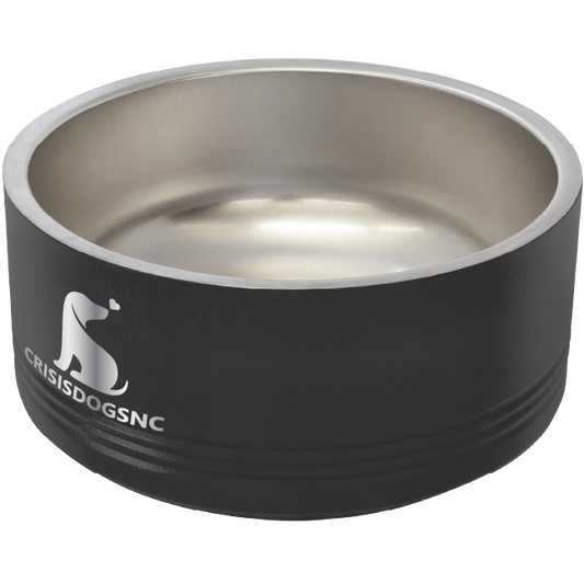 Medium black stainless steel powder coated, laser engraved dog bowl featuring the CrisisDogsNC logo.