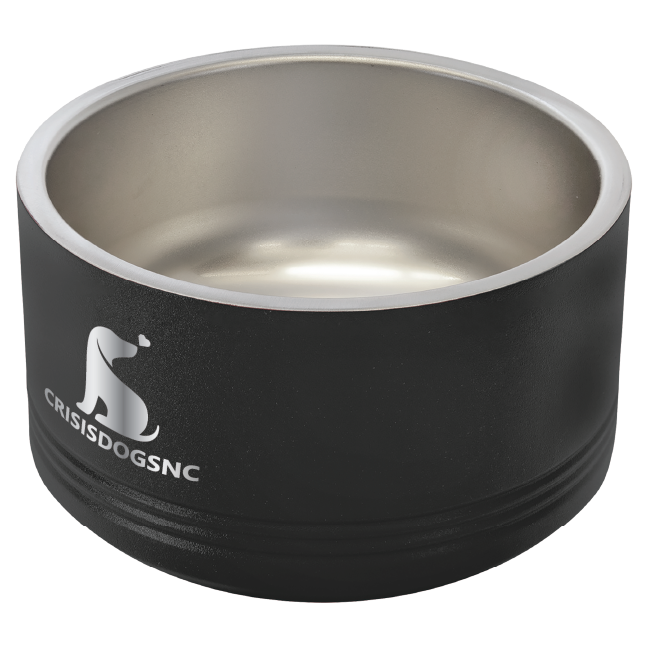 Small black stainless steel powder coated, laser engraved dog bowl featuring the CrisisDogsNC logo.