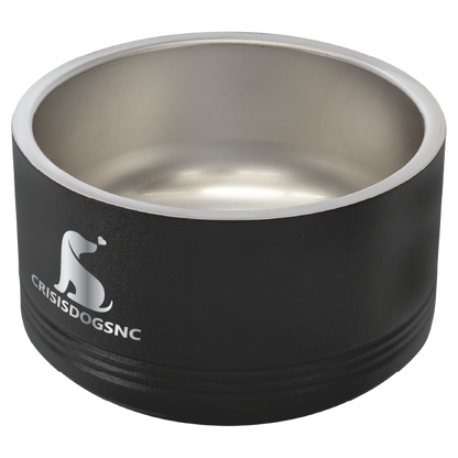 Small black stainless steel powder coated, laser engraved dog bowl featuring the CrisisDogsNC logo.