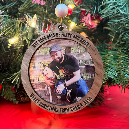 Round Personalized Acrylic Photo Ornaments with Engraved Wood Frame