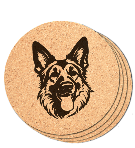 Round laser engraved German shepherd coaster in cork: set of 4