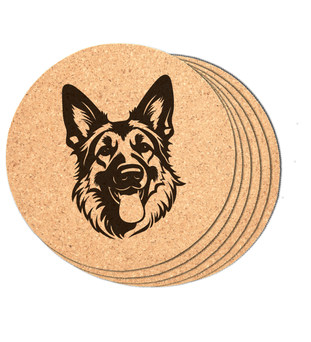 Round laser engraved German shepherd coaster in cork: set of 6