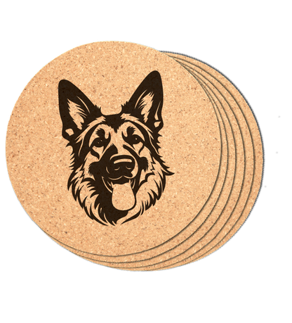 Round laser engraved German shepherd coaster in cork: set of 6