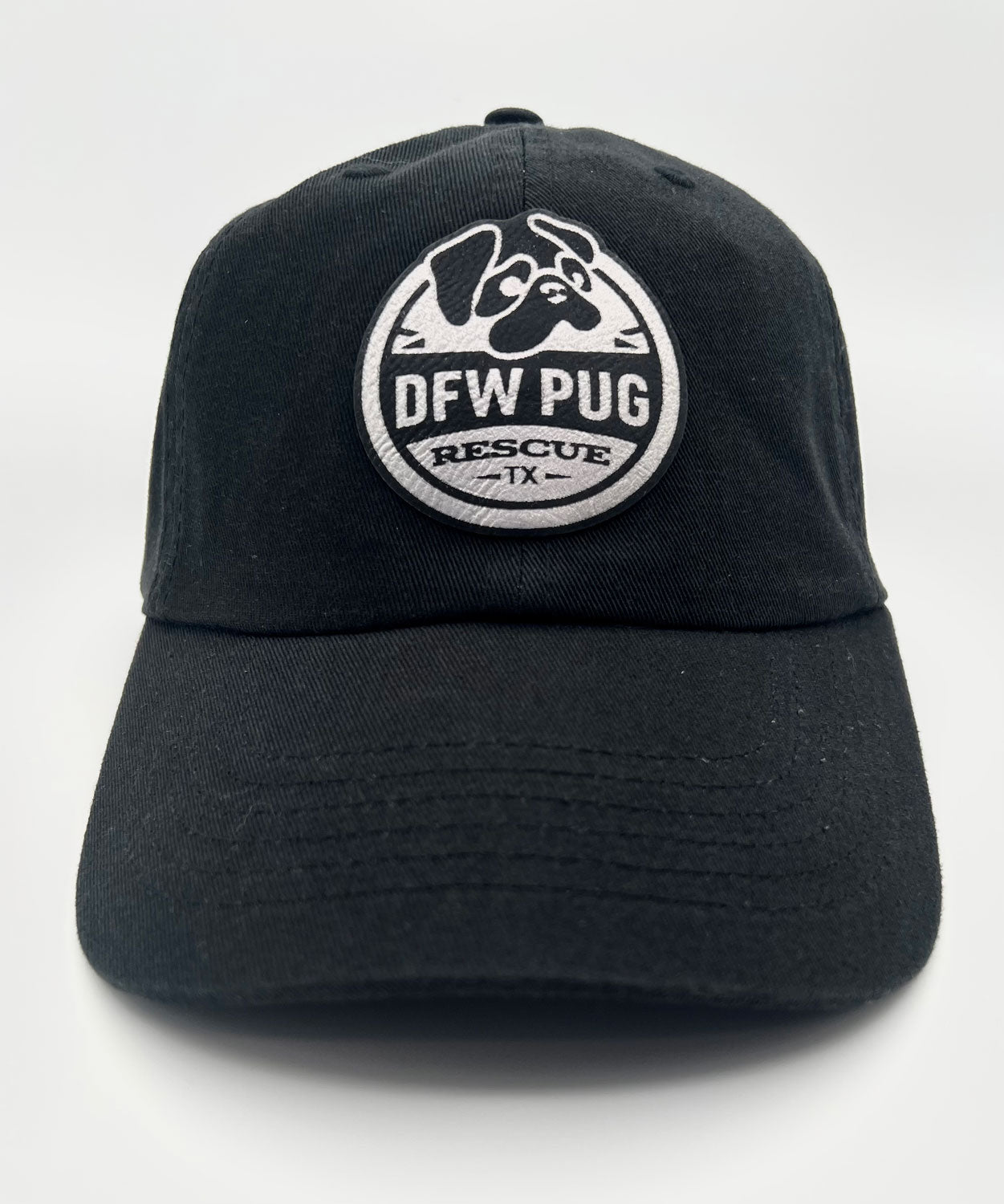 Unstructured black dad patch hat featuring the DFW Pug Rescue logo on a black and silver patch.