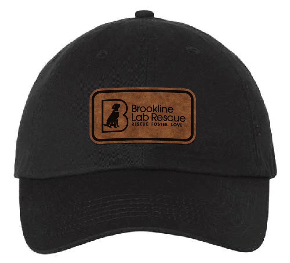 Black dad hat featuring the Brookline Lab Rescue logo in a two tone leatherette patch. Front view.