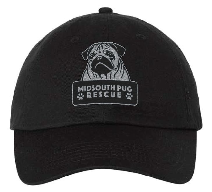 Black Dad hat with the MidSouth Pug Rescue logo in silver and black