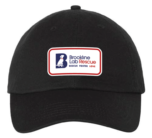 Black dad hat featuring the Brookline Lab Rescue logo in a tricolor acrylic patch. Front view.