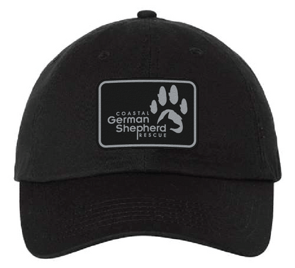 Unstructured hat (Dad) in black with the Coastal German Shepherd Rescue logo. Patch is black and engraves silver.