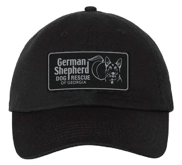 Black unstructured hat with German Shepherd Rescue of Georgia black and silver patch.