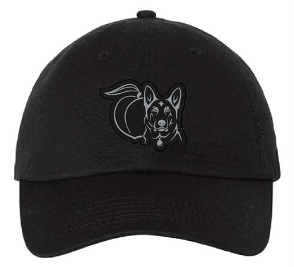 Black unstructured hat with peach and German Shepherd black and silver patch.