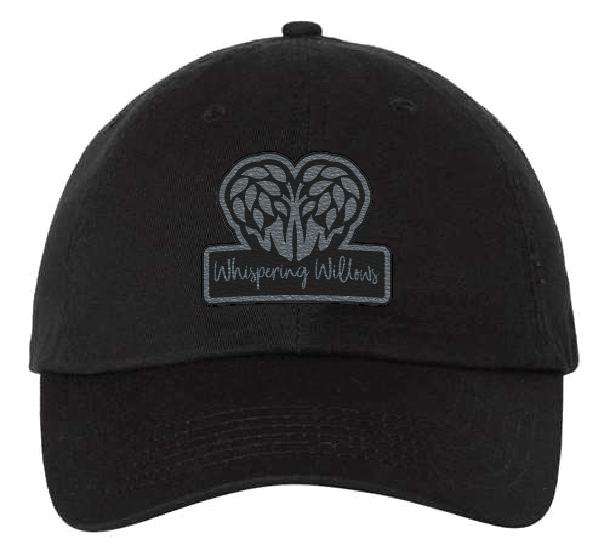 Black dad hat with the Whispering Willows logo in silver and black