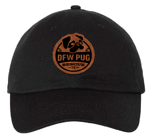 Unstructured black dad patch hat featuring the DFW Pug Rescue logo on a brown and black patch.