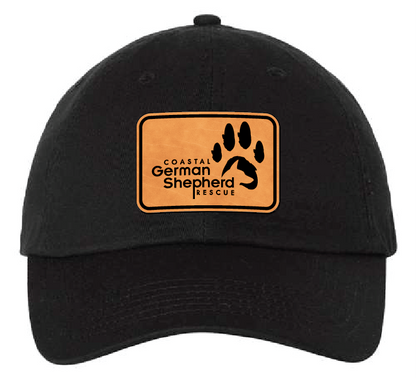 Unstructured hat (Dad) in black with the Coastal German Shepherd Rescue logo. Patch is leather and engraves black.