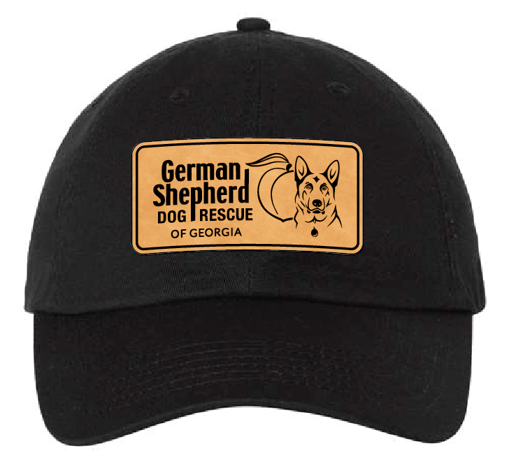 Black unstructured hat with peach and German Shepherd Rescue of Georgia leather patch.