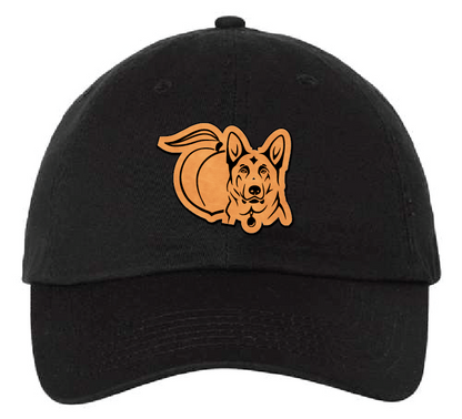 Black unstructured hat with peach and German Shepherd leather patch.