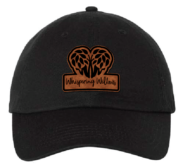 Black dad hat with the Whispering Willows logo in brown and black