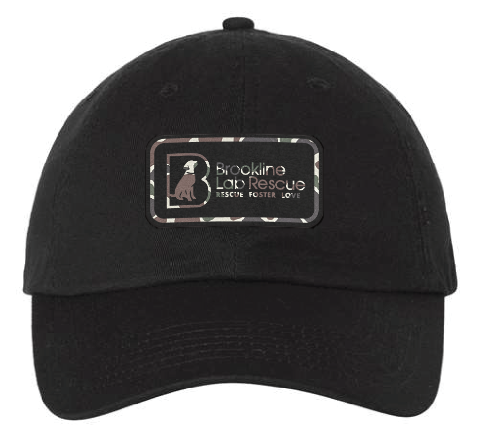 Black unstructured dad hat featuring the Brookline Lab Rescue loho. Patch is camouflage leatherette and engraves to black.