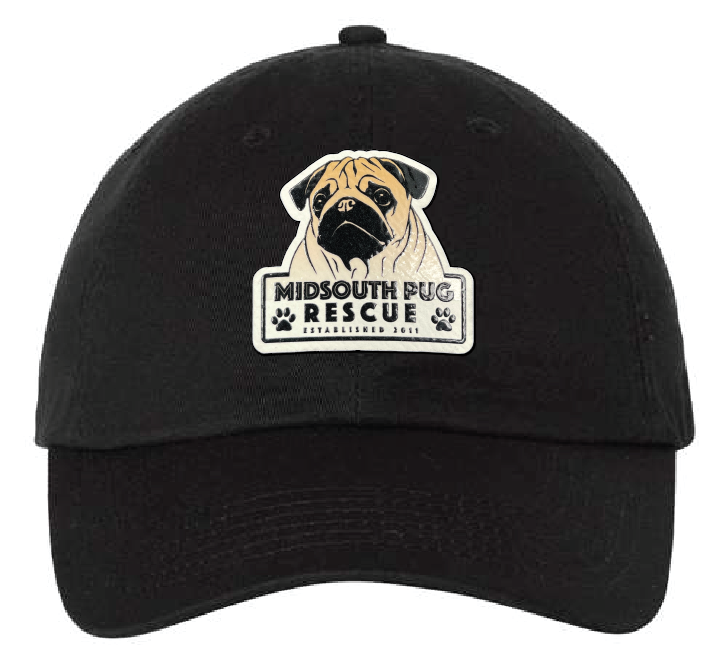 Black Dad hat with the MidSouth Pug Rescue logo printed in full color